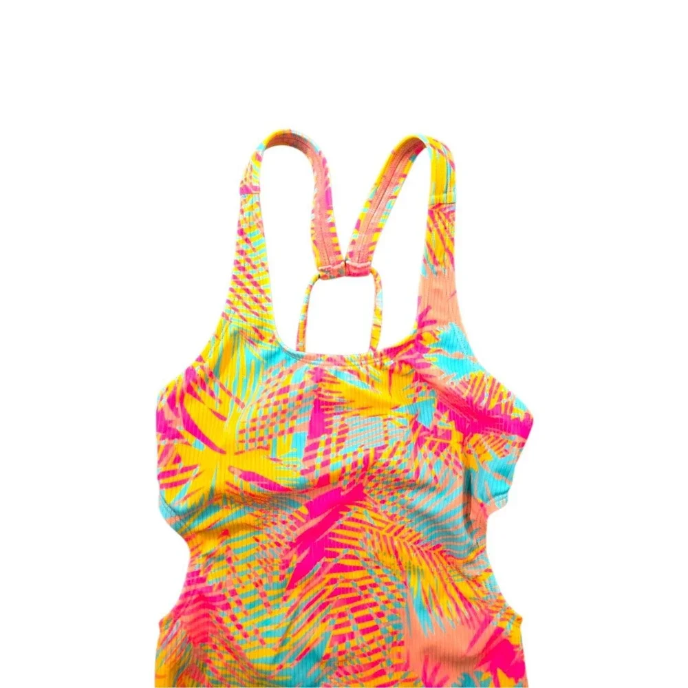 Art Class Girls One-Piece Swimsuit Ribbed Knit Multi Tropical Print Sz M NWT